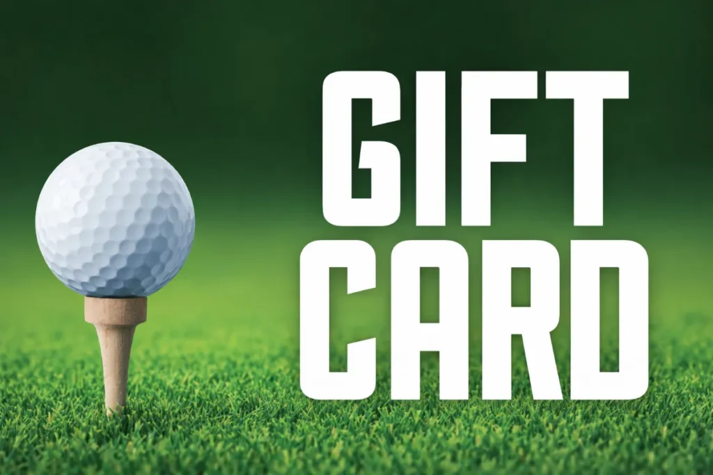 A golf ball resting on a wooden tee in short green grass, with the words "GIFT CARD" prominently displayed in large white text to the right.