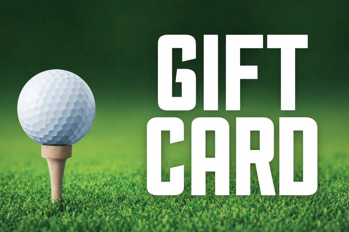A golf ball resting on a wooden tee in short green grass, with the words "GIFT CARD" prominently displayed in large white text to the right.