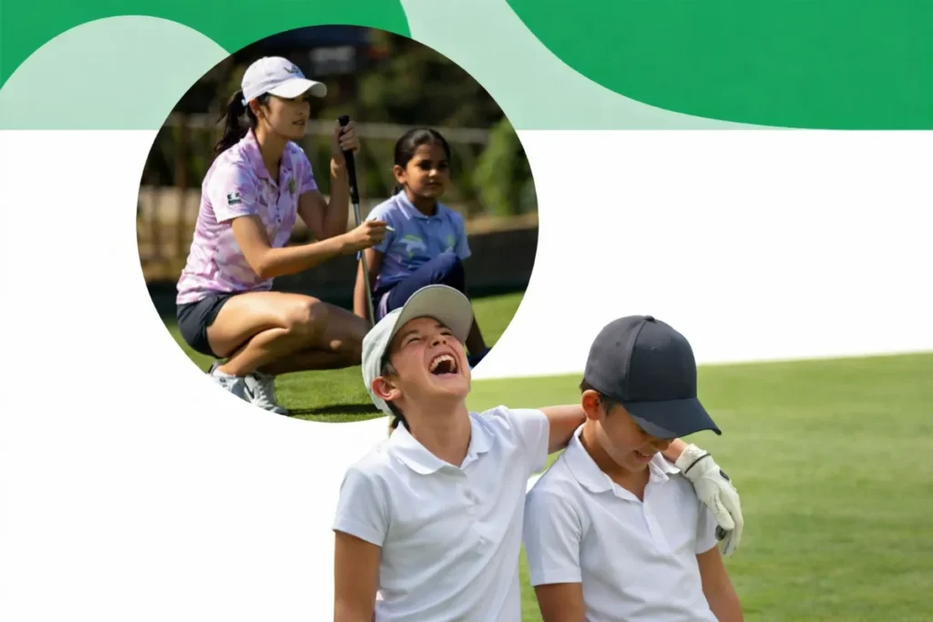 A composite image featuring two young boys laughing together on a golf course in the foreground, and a circular inset showing a woman golf instructor crouching down to guide a young girl on the green.