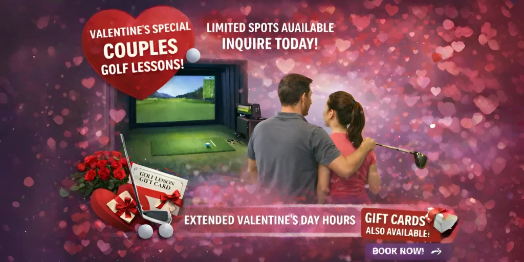 A Valentine's Day advertisement for couples' golf lessons, featuring a man and woman in a golf simulator surrounded by a heart-themed background with roses and gift cards.