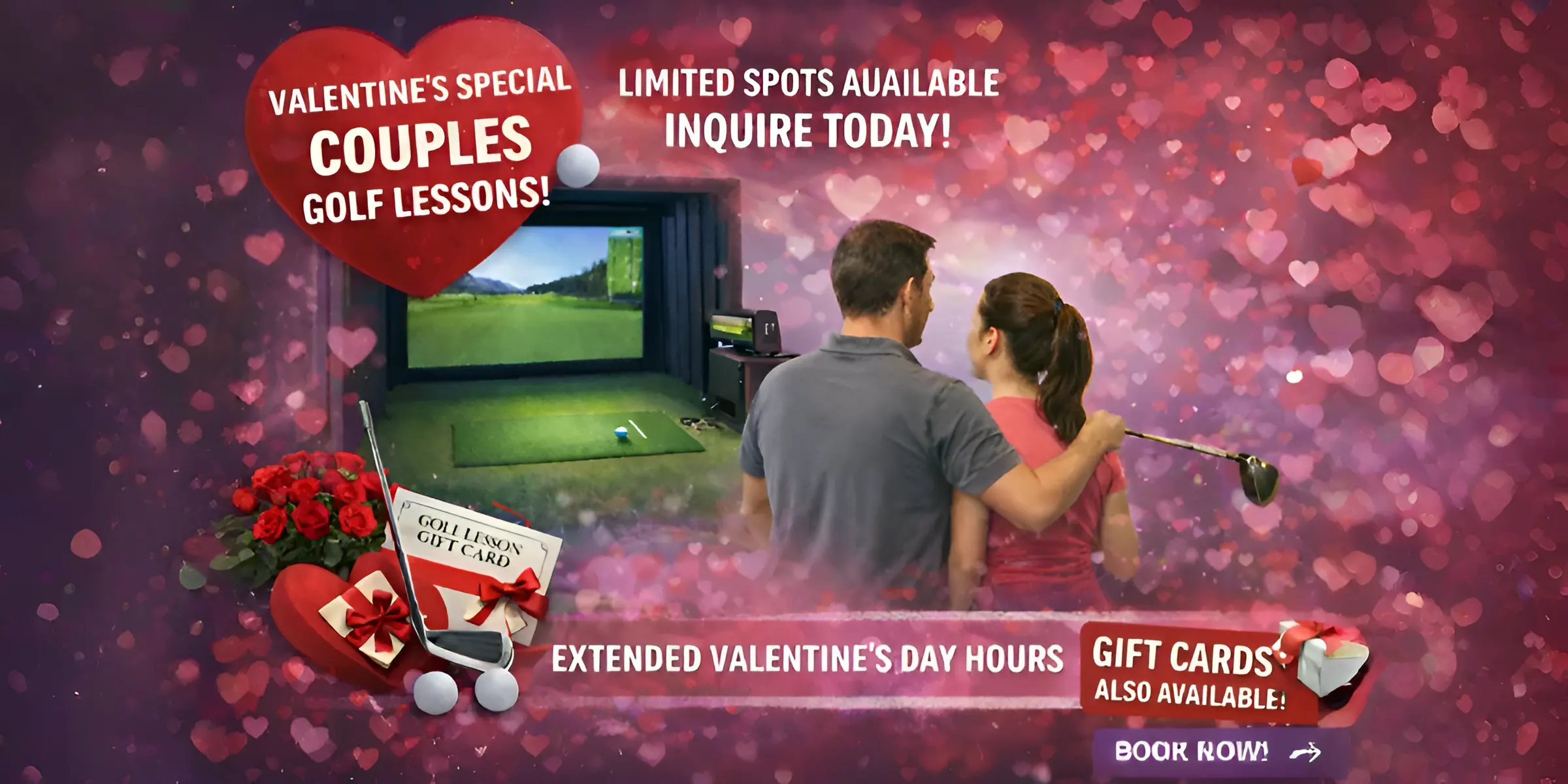 A Valentine's Day advertisement for couples' golf lessons, featuring a man and woman in a golf simulator surrounded by a heart-themed background with roses and gift cards.