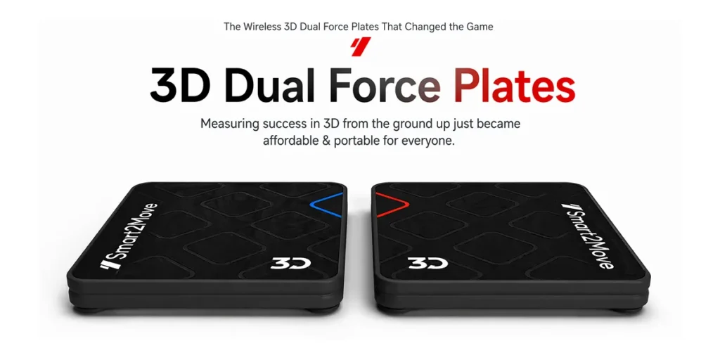 A promotional graphic for Smart2Move 3D Dual Force Plates, showing two black wireless sensor plates side-by-side with the text, "Measuring success in 3D from the ground up just became affordable & portable for everyone."