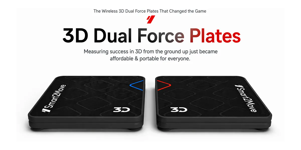 A promotional graphic for Smart2Move 3D Dual Force Plates, showing two black wireless sensor plates side-by-side with the text, "Measuring success in 3D from the ground up just became affordable & portable for everyone."