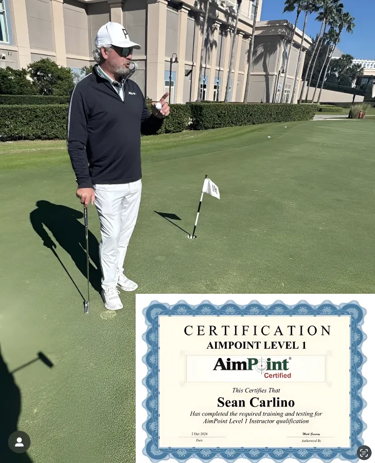 A man in a navy pullover and white trousers stands on a putting green, overlaid with a formal certification document for Sean Carlino.