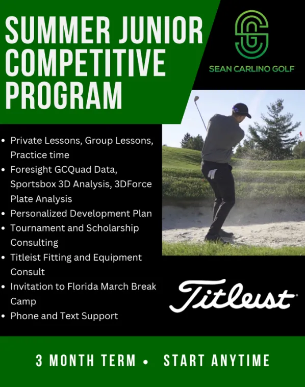 Promotional flyer for the Sean Carlino Golf Summer Junior Competitive Program, featuring program highlights, a golfer in a sand bunker, and the Titleist logo.
