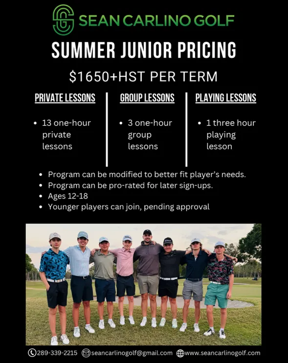 Sean Carlino Golf summer junior pricing flyer featuring lesson details and a group photo of young golfers.