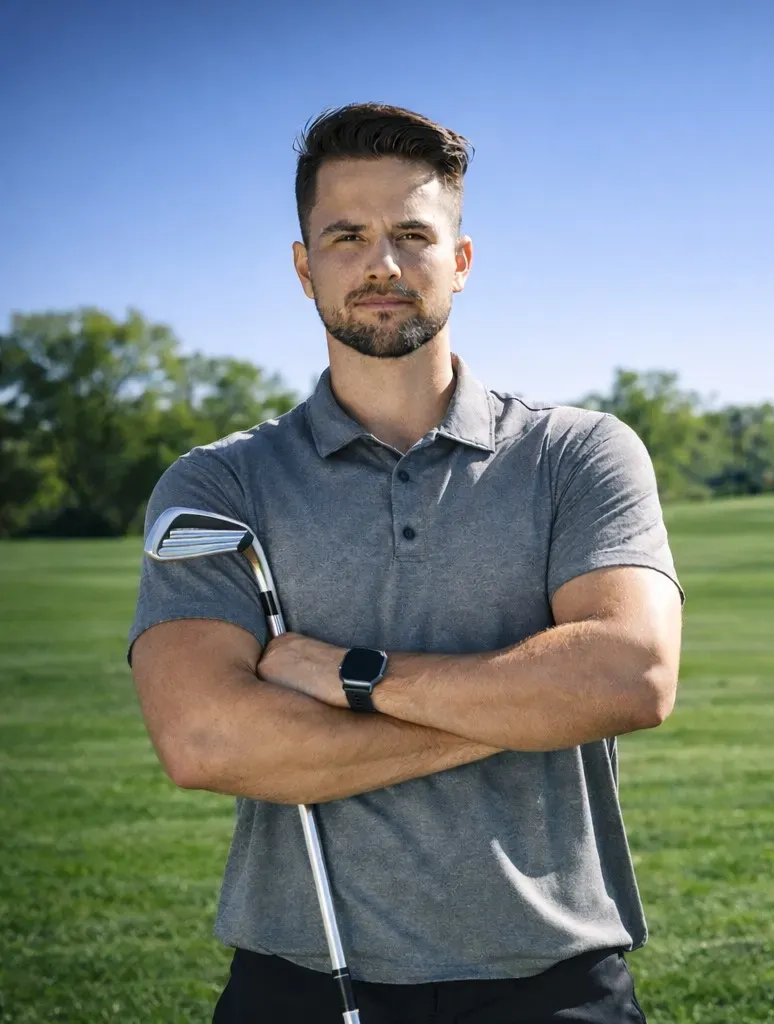 Sean Carlino , A man in a grey polo shirt stands with his arms crossed on a golf course while holding a golf club.