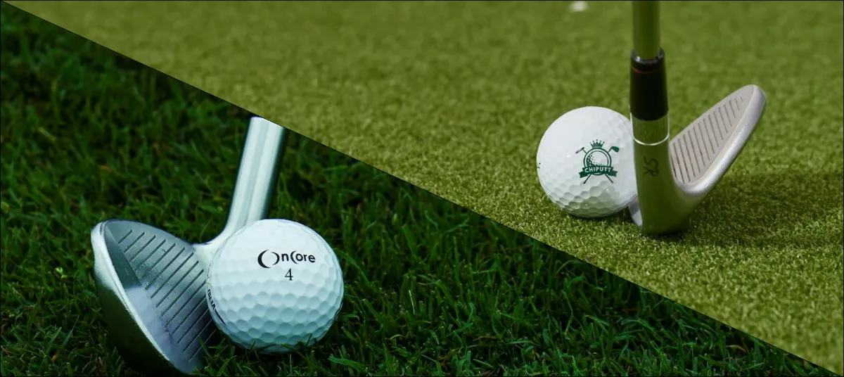 indoor golf simulator setup and an outdoor grass green, each featuring a golf ball and a club head.