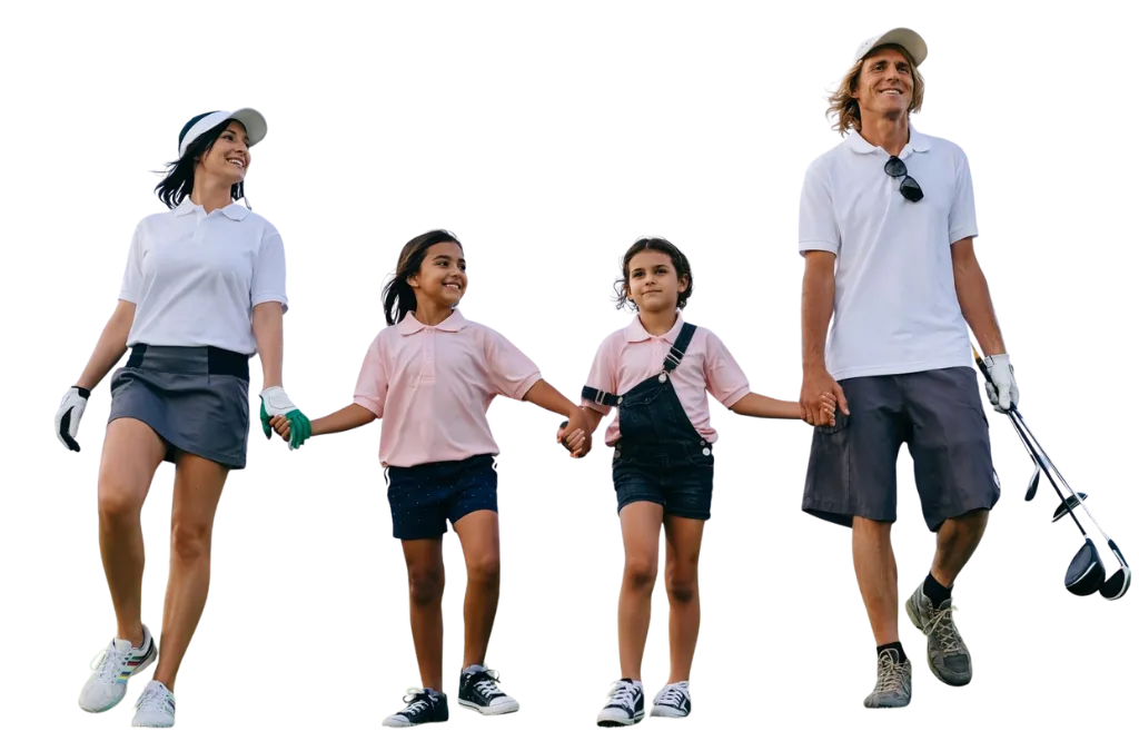 A family of four holding hands and walking forward while carrying golf clubs.