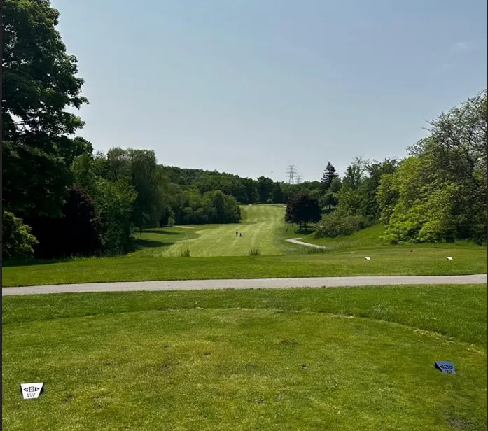 A grassy teeing area with white and blue tee markers visible on the left and right.